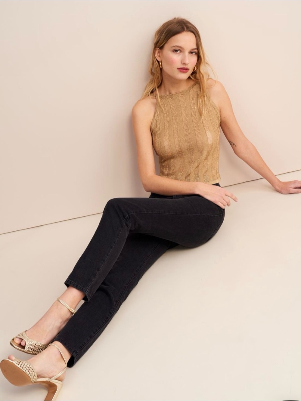 Rouje Gold Knit Tie-Shoulder Tank Top